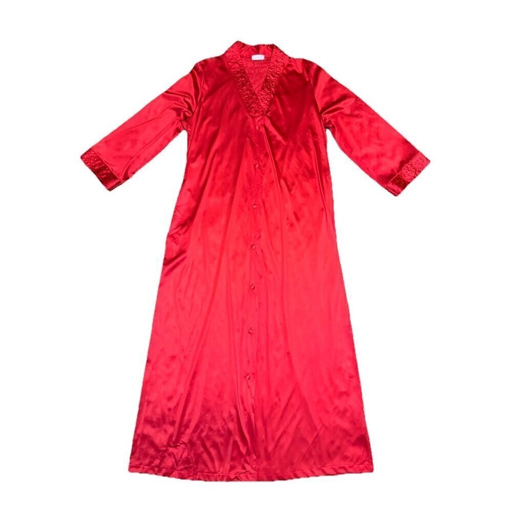 Vintage Women Red Duster Nightgown Robe Dress Satin Pocket Victorian Old Money M
